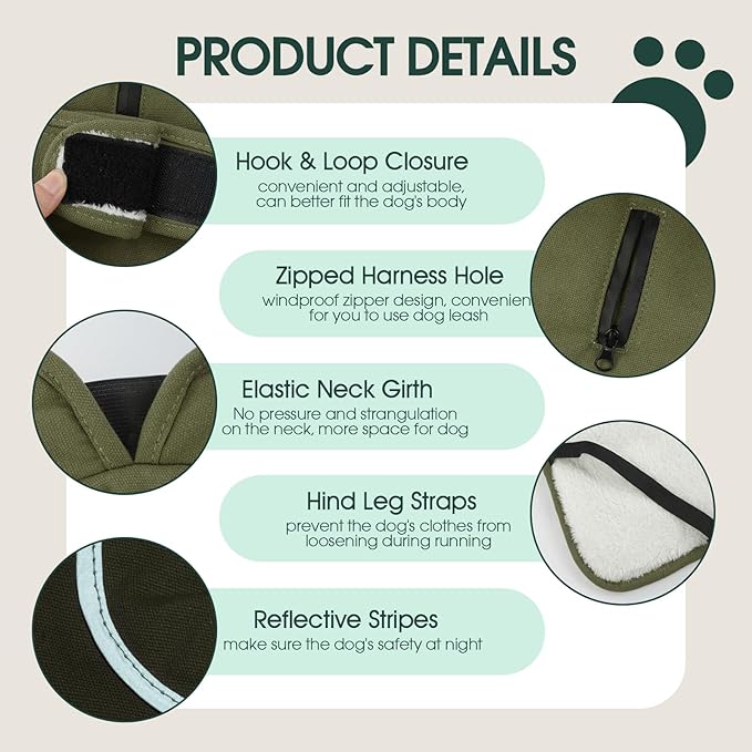 Kuoser Canvas Dog Coat, Warm Dog Jacket Reflective Fleece Pet Cold Weather Coat, Warm Doggie Clothes Waterproof Winter Vest with Zipper Leash Hole for Small Medium Large Dogs, Army Green 3XL
