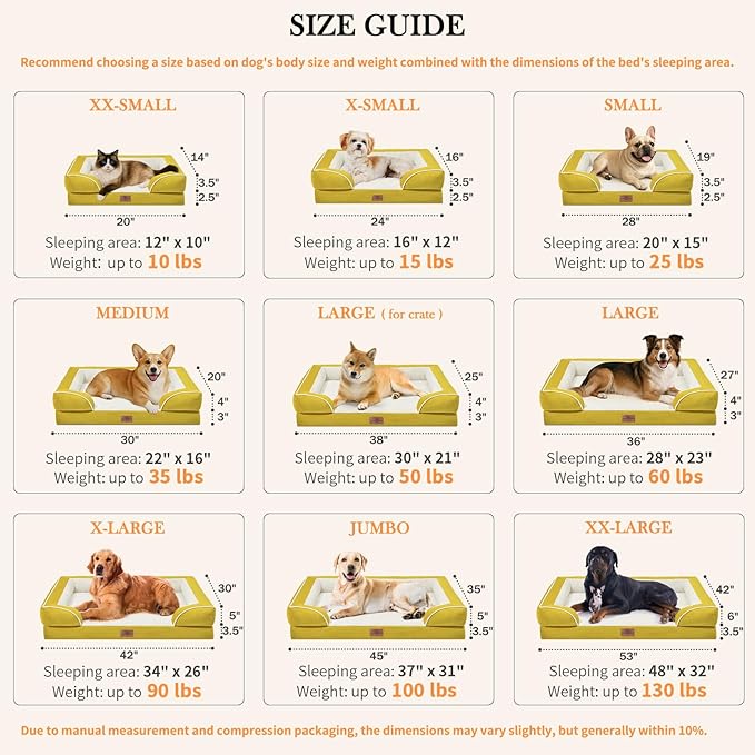 Comfort Expression Orthopedic Dog Bed for Large Dogs 36x27 Inch, Waterproof Egg Crate Foam Large Pet Bed with Removable Bolsters, Dog Couch with Washable Cover & Non-Slip Bottom, Spicy Mustard