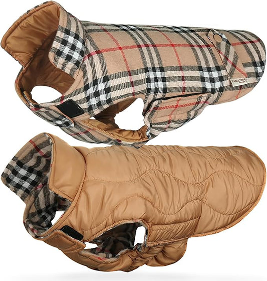 VIVAGLORY Softjoy Dog Coat, Dog Jacket for Winter & Christmas, Coat with Harness Hole & Velcro Closure, Reversible Plaid Checkered Warm Fluffy Heavy Duty for Puppy, XXS, Khaki