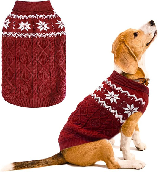 Warm Winter Pink Dog Sweater - Cold Weather Pet Clothes for Small Medium Large Dogs Indoor Outdoor, Soft Classic Knit Puppy Apparel Coat, Dark Red, SM