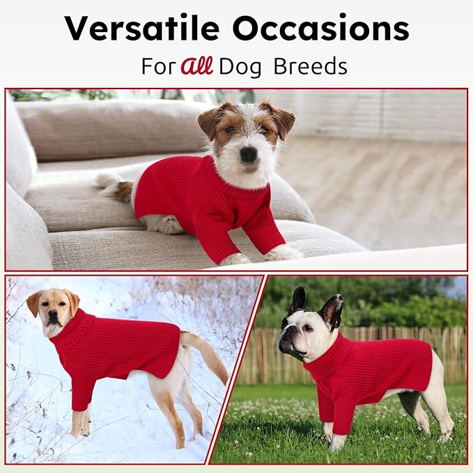 Queenmore Turtleneck Large Dog Sweater, Plaid Dog Sweater with Check Pattern, Long Sleeve Holiday Doggie Sweaters, Solid Pet Sweaters for Large Breeds, Red L