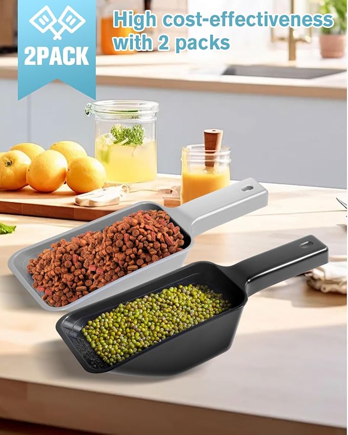 2 Cup Dog Food Scoop(2 Pack), Plastic Pet Food Scoop with Measuring Lines for Accurate Pet Food Portions,Dishwasher Safe (Black and Grey)
