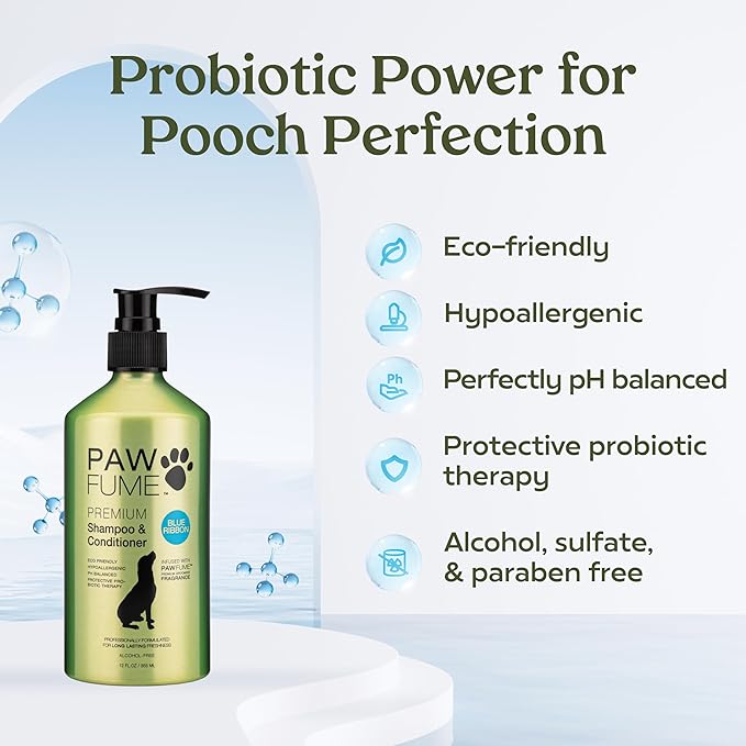 PAWFUME Dog Shampoo and Conditioner, Blue Ribbon, 2-Pack – Nourish & Detangle for a Silky Soft Coat – Probiotic, Deep-Cleaning, pH-Balanced Formula – Puppy Shampoo and Conditioner for All Breeds
