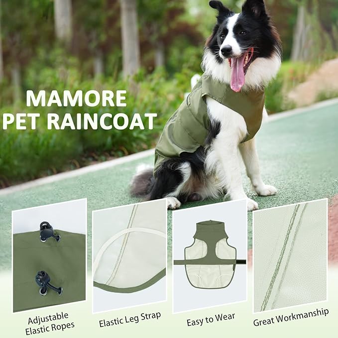 Waterproof Dog Raincoat, Adjustable Lightweight Dog Rain Jacket with Reflective Strip Leash Hole for Small Medium Large Dogs (Green, 3X-Large(77-94lb))