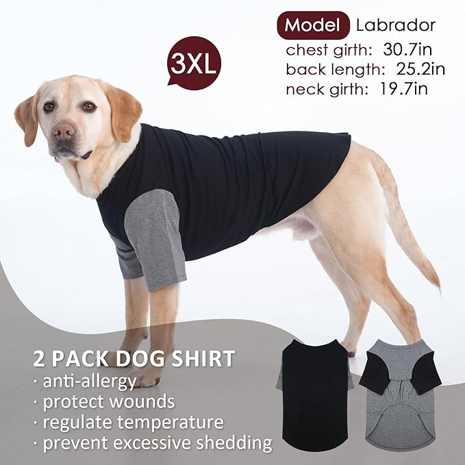2 Pack Dog Shirt for Large Dogs XXL - Soft Breathable Cotton Tees, Freedom of Movement Prevents Overheating Clothes for Border Collie, Pitbull, Boxer, Hiking, Play, Casual Wear, GreyBlack