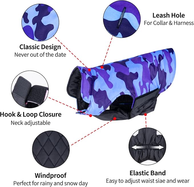 CuteBone Winter Dog Jacket - Windproof & Waterproof, Reversible & Adjustable for Small to Large Dogs - Warm Cold Weather Coats with Leash Hole