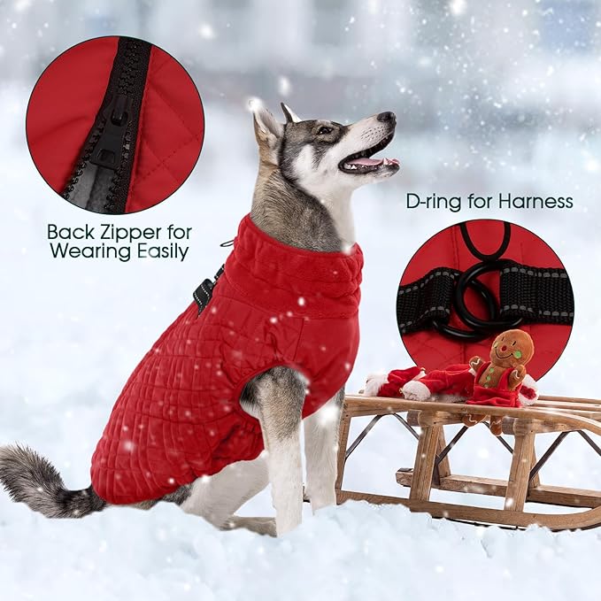 Kuoser XXL Winter Coat | Giant Breed Armor for Mastiffs & Great Danes | Zippers Secure Dogs in -20°F, Reflective Panels for Mountain Hikes, Red XL