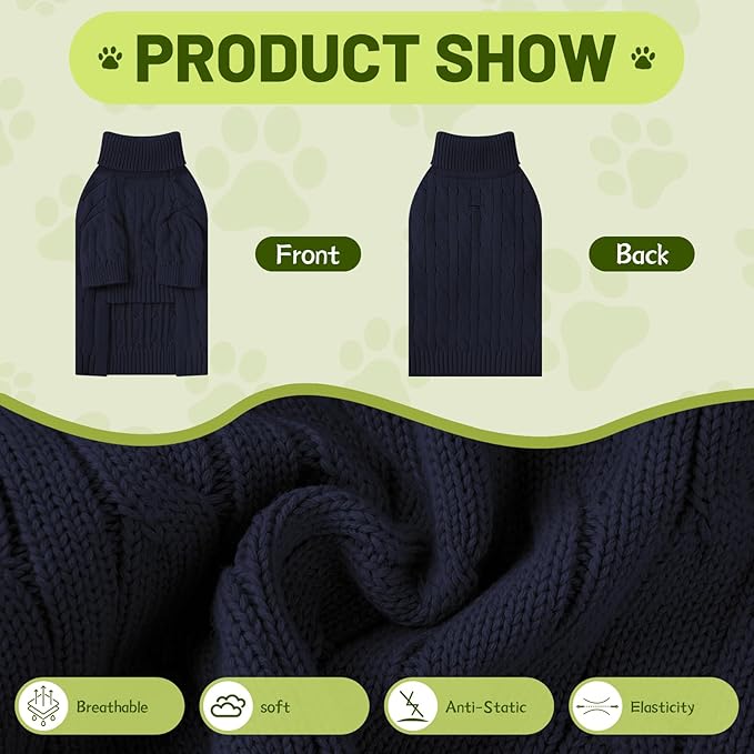 Small Dog Thermal Pullover Sweater, Classic Turtleneck Cable Knitwear Dog Clothes for Cold Weather Warm Pet Clothes for Chihuahua, Bulldog, Dachshund, Pug Navy Medium
