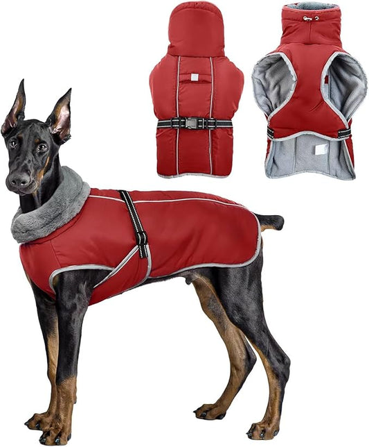 Warm Dog Jacket,3XL Dogs Reflective Adjustable Winter Coat with Turtleneck for Cold Weather,Waterproof Fleece Snowsuit Large Dogs,Pet Cold Weather Coats,Dog Winter Coat Windproof,Red,3XL
