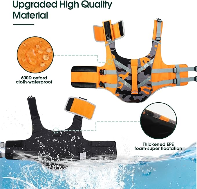 Kuoser Dog Life Jacket with Reflective Stripes - Adjustable High Visibility Vest, Ripstop Lifesaver, Pet Preserver with High Flotation Swimsuit for Small, Medium and Large Dogs