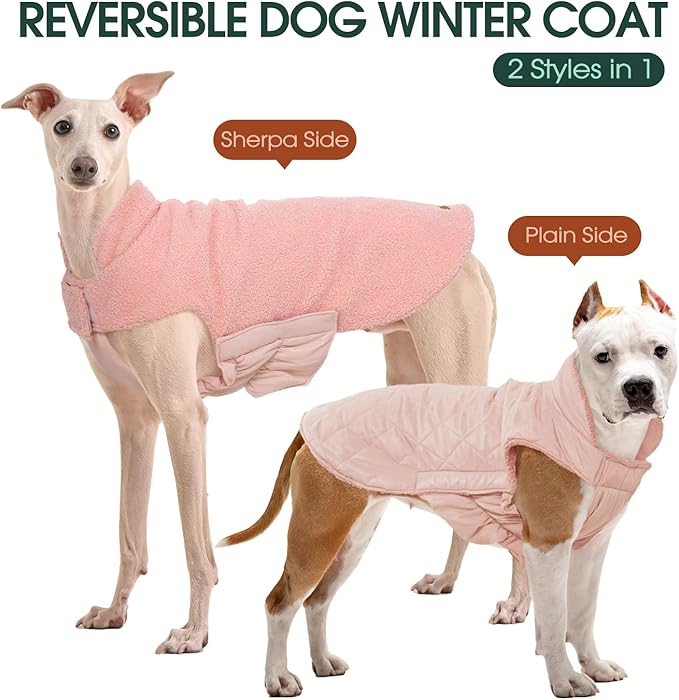Kuoser Reversible Dog Coat – Warm Fleece & Quilted Waterproof Dog Jacket, Double-Sided Cold Weather Dogs Winter Coat with Harness Hole, Windproof Pet Snow Vest for Small Medium Large Dogs, Pink 2XL