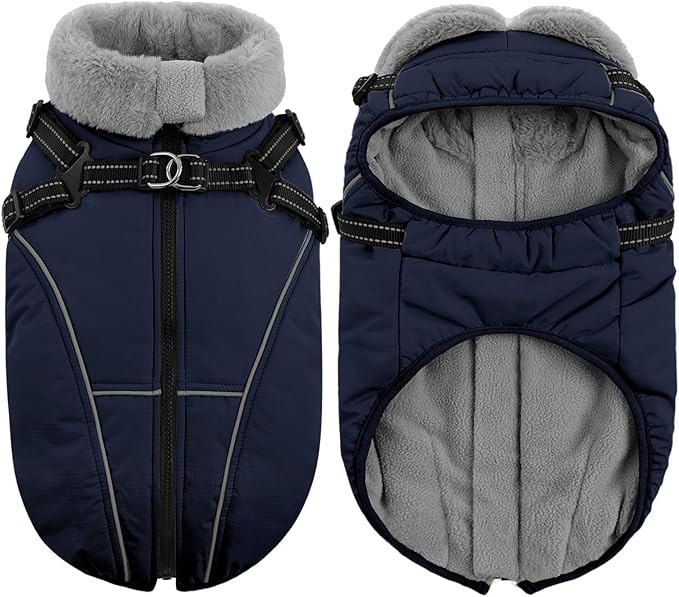Queenmore Large Dog Jackets,Dog Coats for Extra Large Dogs with Harness Built in,Reflective Waterproof Dogs Jackets with Fleece Lining,Warm Snowsuit Pet Coats for German Shepherd,NavyBlue,XXXL