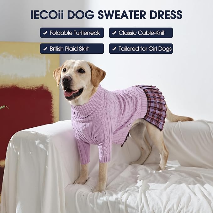 IECOii Girl XXL Dog Sweater Dress, Cozy Cable Knit Dog Sweater for Large Dogs Girl, Purple,XXLarge, 2XL Pet Pullover Knitted Dress for Winter, Turleneck with Sleeve, Warm Sweaters for Female Pitbull