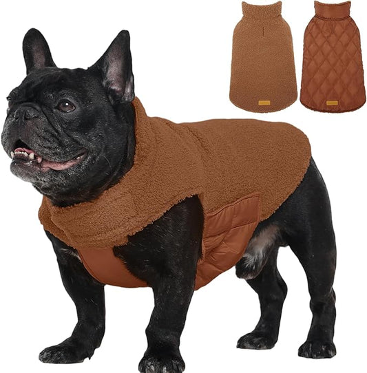 Kuoser Reversible Dog Coat – Warm Fleece & Quilted Waterproof Dog Jacket, Double-Sided Cold Weather Dogs Winter Coat with Harness Hole, Windproof Pet Snow Vest for Small Medium Large Dogs, Brown XS