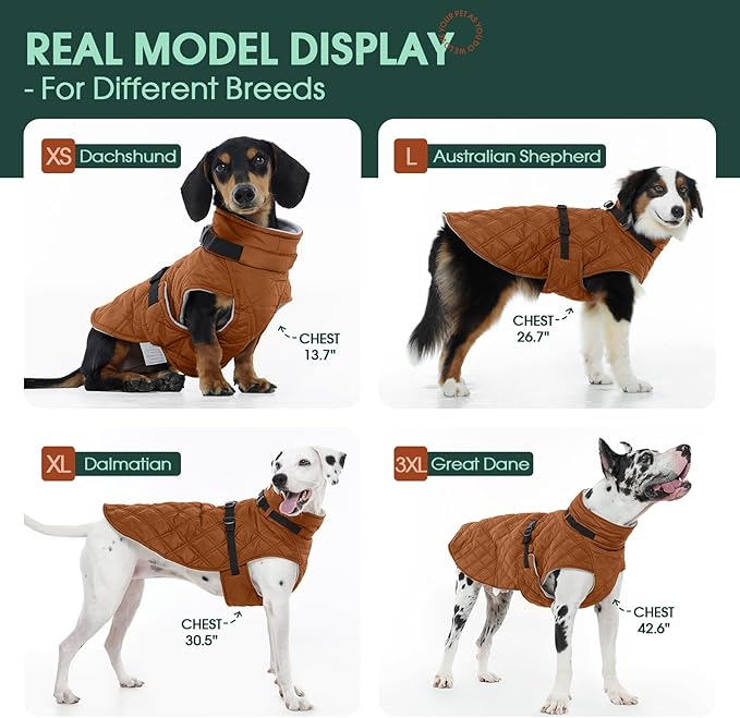 Kuoser Dog Coat Warm Fleece Lining Turtleneck Dog Jacket with Harness Built-in, Adjustable Windproof Cold Weather Coats with Quick Release Buckle Pet Winter Snowsuit for Small Medium Dogs, Khaki M