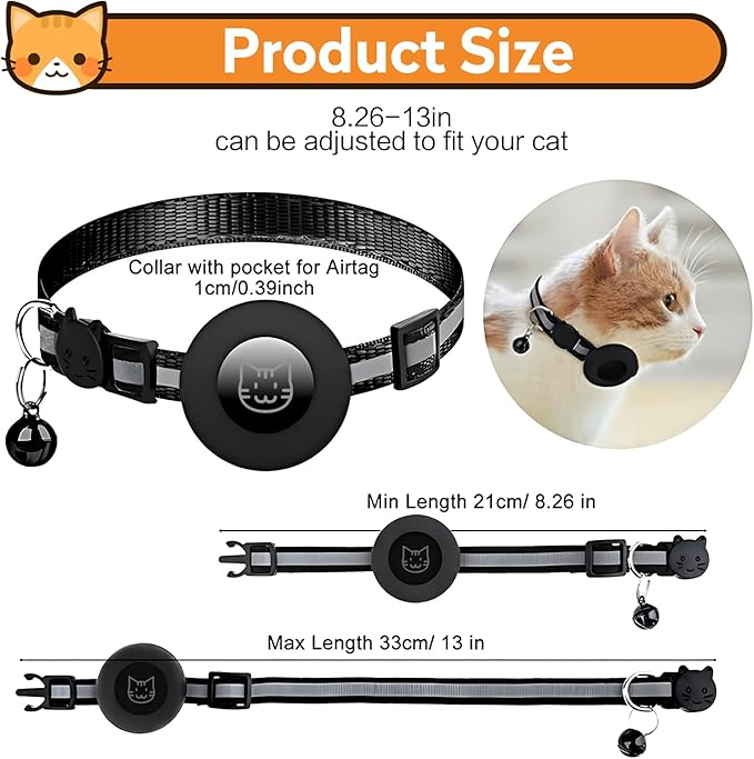 2 Pack Airtag Cat Collar with Bell, Reflective Nylon Kitten Collar with Apple Air Tag Holder and Breakaway Safety Buckle for Puppy Girl Boy Cats, 3/8" in Width and Lightweight, Black/Pink
