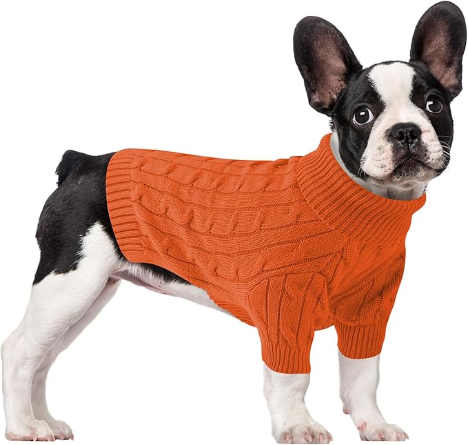 Small Dog Thermal Pullover Sweater, Classic Turtleneck Cable Knitwear Dog Clothes for Cold Weather Warm Pet Clothes for Chihuahua, Bulldog, Dachshund, Pug Orange X-Large