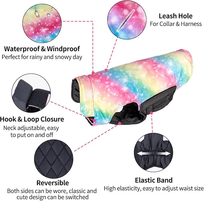 CuteBone Reversible Dog Jacket - Windproof & Waterproof, Thick & Soft Winter Coat for Small to Large Dogs, Vest with Leash Hole