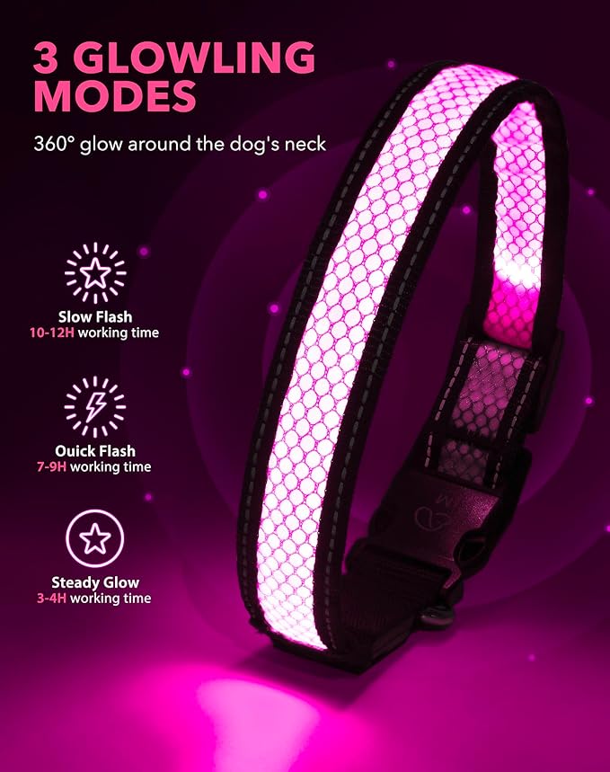 Weesiber Light Up Dog Collar, USB Rechargeable LED Dog Collar Glow in The Dark, Adjustable Reflective Waterproof Dog Collar Light for Night Walking(Pink, M)