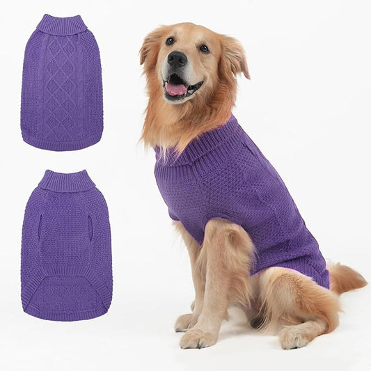 Mihachi Turtleneck Dog Sweater - Winter Coat Apparel Classic Cable Knit Clothes with Leash Hole for Cold Weather, Ideal Gift for Pet in New Year Light Purple M