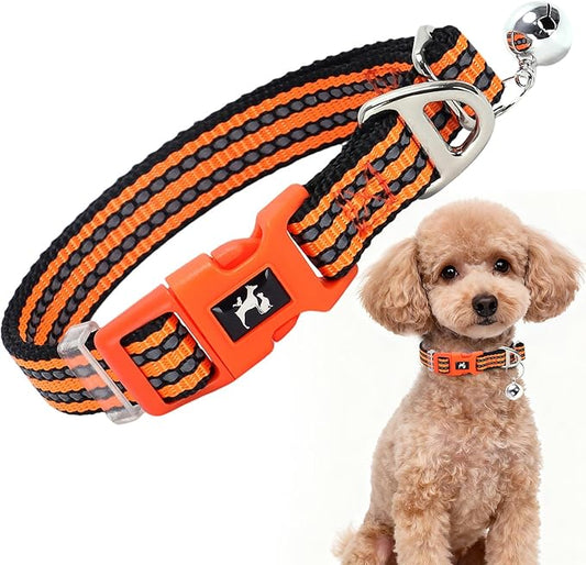 Small Dog Collar with Bell - Cute Reflective Puppy Collar Gift for Boy/Girl, Adjustable Nylon Collar for Chihuahua Pomeranian Nighttime Safety （Orange S）