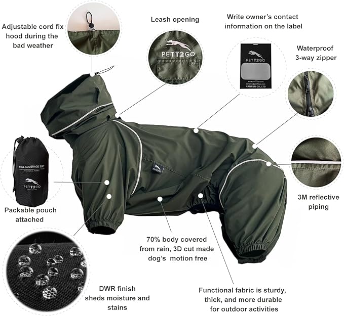Dog Lightweight Windbreaker, Dog Outdoor 4-Legs Jacket, 0.5 lbs,Durable Water Repellent, Hooded, Easy on/Off with Collar and Harness, Reflective, Packable,Dark Olive - XLarge (Male)