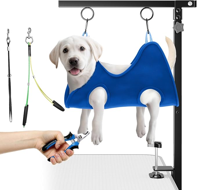 niffgaff Adjustable Foldable Dog Grooming Arm with Heavy-Duty Clamp: 26" to 40" Height, Includes Safety Hammock & No-Sit Holders – Perfect Grooming Restraint for Small & Medium Dogs at Home or Salons