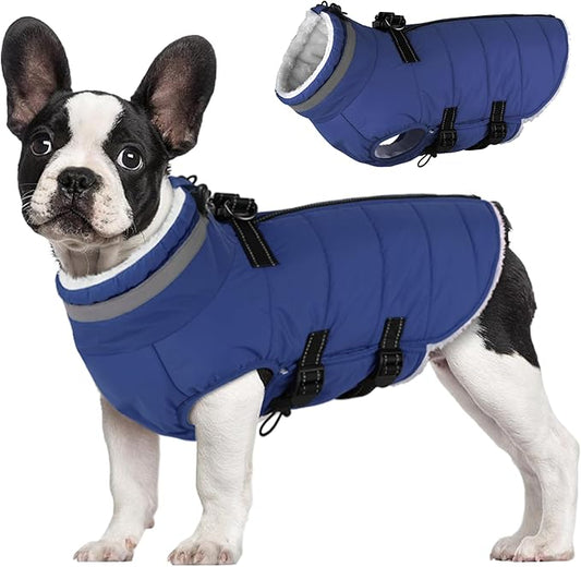 Dog Coat with Harness Built-in, Waterproof Reflective Fleece Lined - Warm Windproof Winter Jacket with Back Zipper, Cold Weather Snow Dog Coats - Blue - L