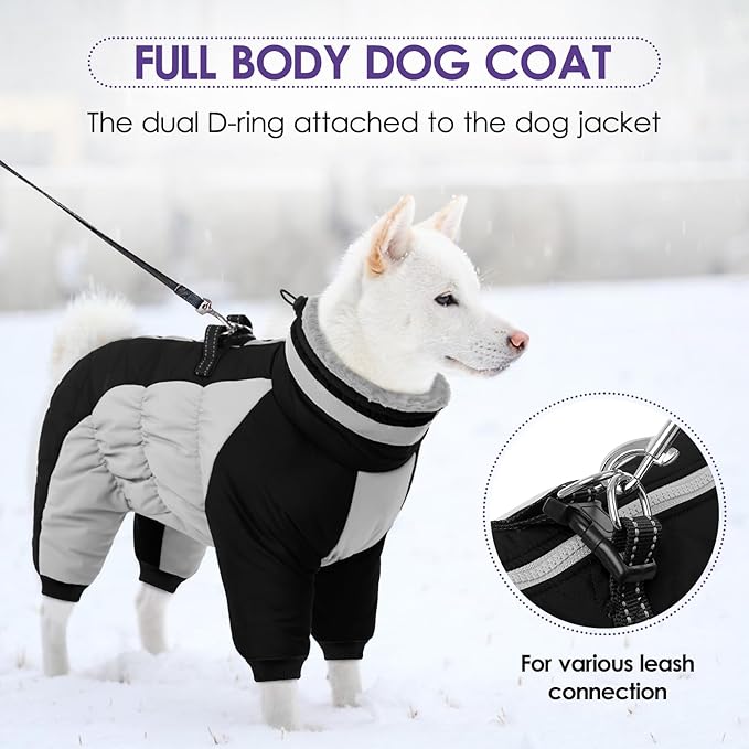 SUNFURA Full Body Dog Coat - Warm Fleece Jacket for Large Dogs, Turtleneck Winter Coats with Harness, Reflective Windproof Dog Snowsuit with Legs for Labrador,Golden Retriever, Black 2XL