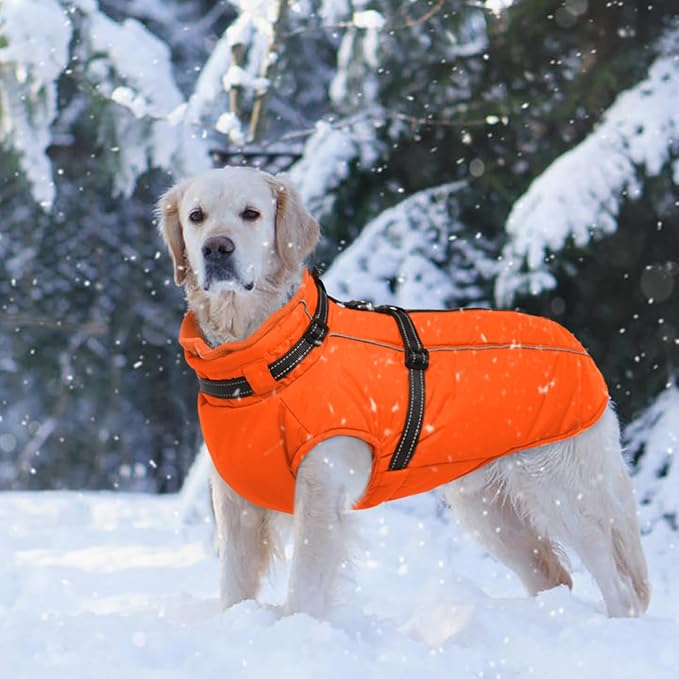 Lelepet Dog Winter Coat Waterproof Dog Jacket with Harness Built in Windproof Reflective Pet Coats for Small Medium Large Dogs, Thermal Fleece Lined Coats for Cold Weather Walking Hiking, Orange, M