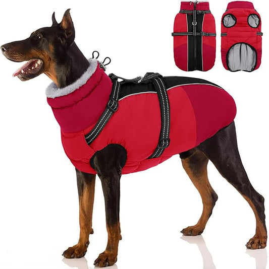 SUNFURA Dog Coat, Dog Jacket for Large Dogs with Harness Built in, Warm Pet Winter Coat Zip Up Snow Jacket with Furry Collar for Boston Terrier, French Bulldogs, Red L