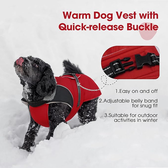 Nanaki Small Dog Coat for Winter Waterproof, Warm Fleece Lining Furry Collar Dog Jacket with Leash Hole, Reflective Adjustable Cold Weather Puppy Pet Snow Jacket Vest Outdoor Walking Hunting, Red M