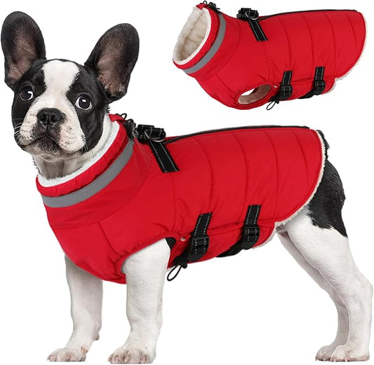 Dog Coat with Harness Built-in, Waterproof Reflective Fleece Lined - Warm Windproof Winter Jacket with Back Zipper, Cold Weather Snow Dog Coats - Red - L