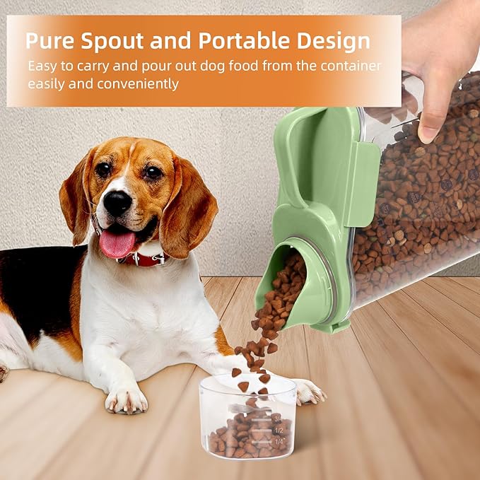 Dog Food Storage Container, Upgraded Large Nozzle BPA-free, 3-5 LBS Plastic Pet Food Storage Containers, With 4 Sealed Clasps, 1 Measuring Cup and Handle (Bright Green)