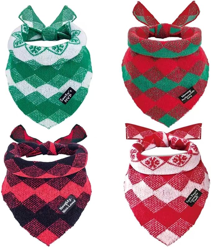 4-Pack Knitted Dog Bandanas with Slogans - Soft Warm Bandana for Small Medium Large Dogs, Winter Dogs Accessories Boy & Girl, Scarf for Birthday Holiday，Cute Dog Gifts