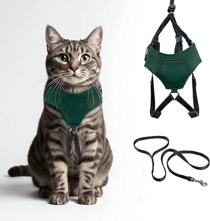 A1HC Escape Proof Cat Harness and Leash - Soft Adjustable Vest, Comfortable Mesh and Long Strips with Air Tag Pocket, Easy Control, Safe Walking Harness for Cats & Kittens - Dark Green (Medium)