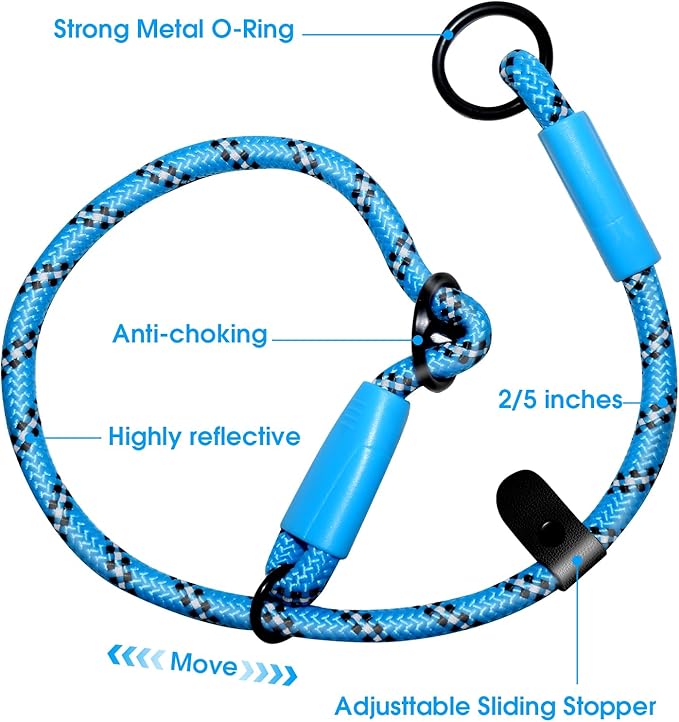 Detachable 2/5" Slip Lead, 4FT 6FT 8FT with Comfortable Silicone Handle Strong Rope Leash for Large Medium Small Dogs No Pull Highly Reflective Pet Training Leash (Blue-Black, 8FT)
