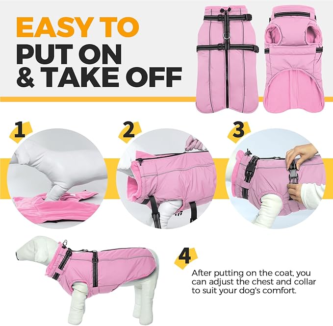 Lelepet Warm Dog Winter Coat Waterproof Dog Jacket with Harness Built in, Reflective Windproof Fleece Jacket, Dogs Coats for Medium Dogs, Thermal Turtleneck Pet Snowsuit for Outdoor, Schnauzer, Pink M