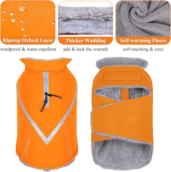 VIVAGLORY Snowrap Dog Coat, Jacket with Harness Hole & Velcro Closure, Dog Coat for Winter & Cold Weather, Fluffy Warm Fleece Lined Reflective Water Resistant for Puppy, S, Orange
