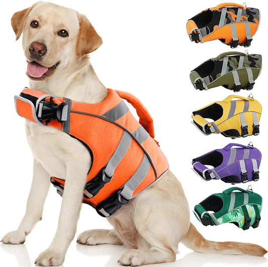 Kuoser Dog Life Jacket with Reflective Stripes, Adjustable High Visibility Dog Life Vest with High Flotation Swimsuit for Small Medium and Large Dogs