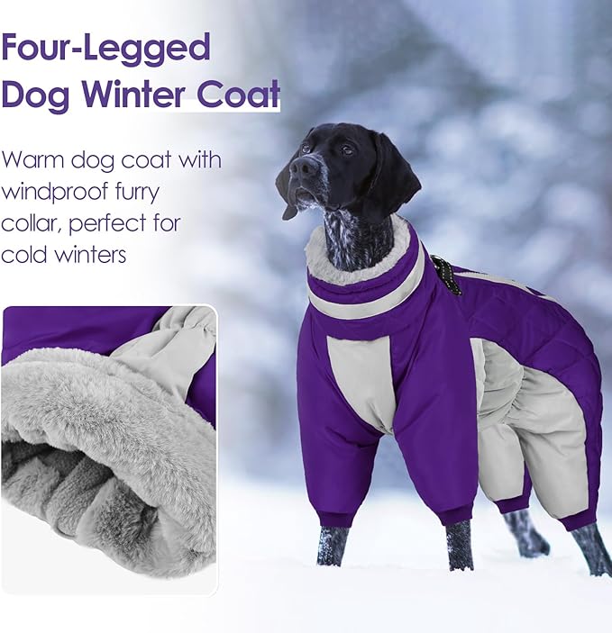SUNFURA Full Body Dog Coat - Warm Fleece Jacket for Extra Large Dogs, Turtleneck Winter Coats with Harness, Reflective Dog Snowsuit Windproof Puffer Jackets with Legs for Great Dane, Purple 3XL