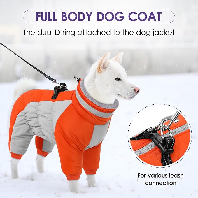 SUNFURA Full Body Dog Coat - Warm Fleece Jacket for Medium Dogs, Turtleneck Winter Coats with Harness, Reflective Dog Snowsuit Windproof Puffer Jackets with Legs for Boston Terrier, Orange M