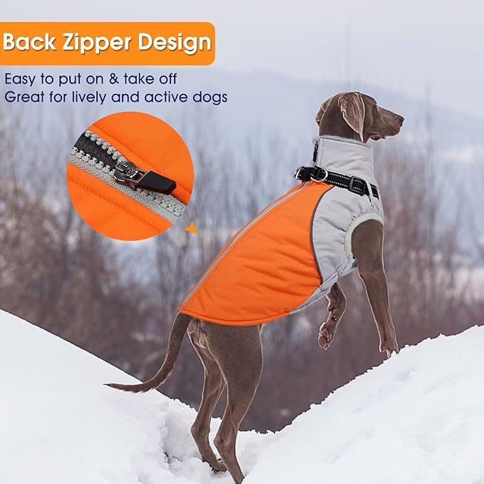 Small Dog Coat with Harness Built in,Warm Dog Jacket Water-Repellent Pet Winter Coat Snowsuit for Cold Weather,Reflective Fleece Jackets,Warm Pet Jacket with Zip,Doggy Winter Coats,Orange,S
