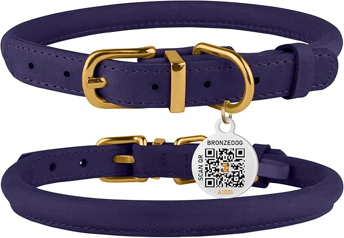 BronzeDog Rolled Leather Dog Collar with QR ID Tag, Adjustable Soft Round Collars for Small Medium Large Dogs Puppy (16" - 19" Neck Size, Violet)
