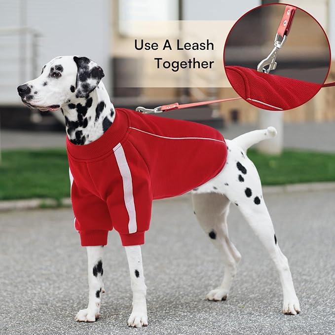 Queenmore XXL Christmas Dog Sweater, Cozy Fleece Dog Sweatshirt, Warm Winter Fleece Jacket for Small, Medium & Large Dogs with Leash Hole/Reflective Stripes Red