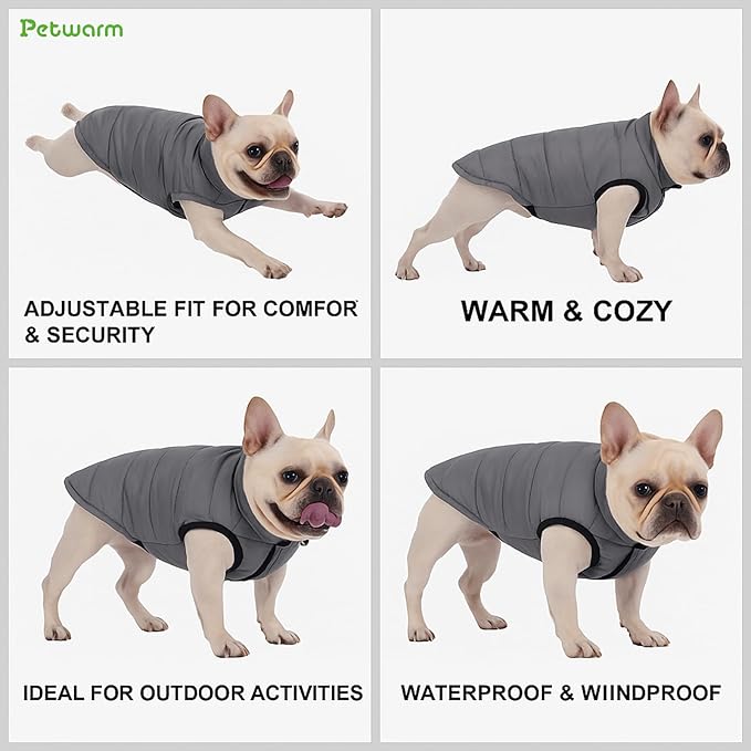 PetWarm Reversible Dog Cold Weather Coats, Waterproof Dog Puffer Vest, Vest for Dogs with Hook-and-Loop Strap, Windproof Outdoor Coat for Winter Walks and Snowy Days, Grey, L