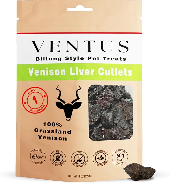 VENTUS Dog Liver Treats - Single Ingredient Venison Jerky Liver Treats, All Natural, Air Dried, Low Fat, High Value Training Treats for Dogs, Organic, 8 oz