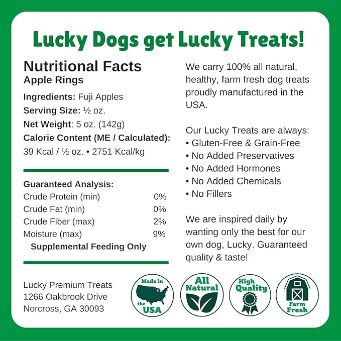 Lucky Premium Apple Rings – Thin, Crispy, All Natural Jerky Apple Treats for Dogs, Vegetarian Dog Treats with Real Fruit (5 oz)