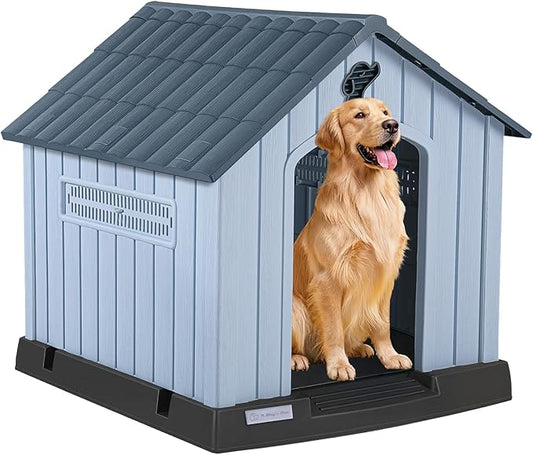 LEMBERI Large Plastic Dog House for Medium Large Dogs, Durable Waterproof Indoor Outdoor Doghouse with Air Vents and Elevated Floor, Easy to Assemble (Gray, 33.5" L x 31.5" W x 33.9" H)