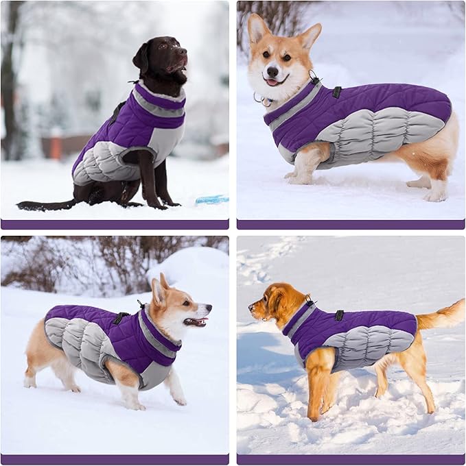 FUAMEY Dog Coat for Large Dogs,Waterproof Dog Winter Jacket with Harness Built in Puppy Cold Weather Coats Reflective Pet Vest with Zipper Warm Fleece Dogs Snowsuit Windproof Purple XXL
